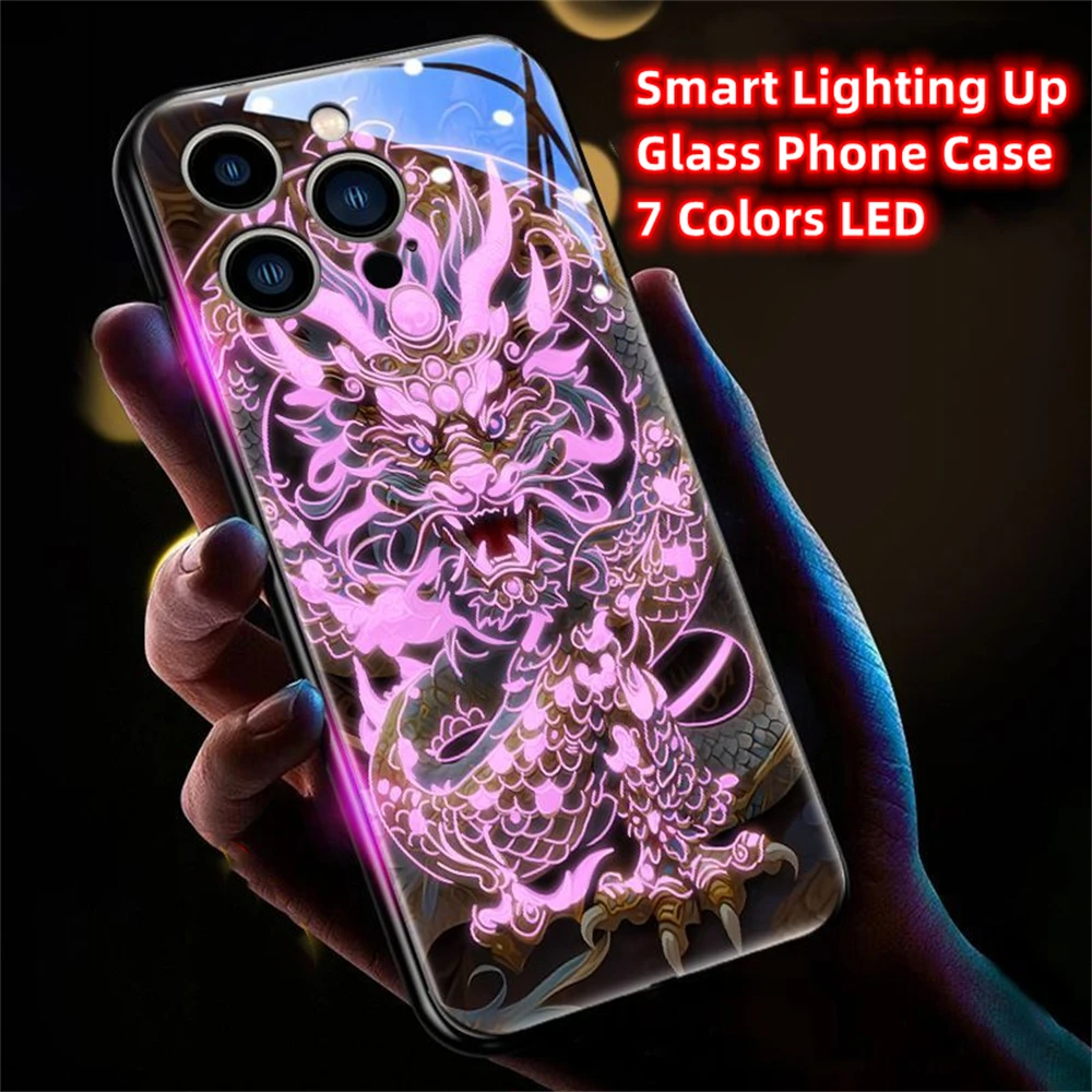 Cool Dragon Fury Sound Control LED Flash Custodie Cover in vetro luminoso per Samsung S25 S24 S23 S22 S21 S20 FE Plus Ultra