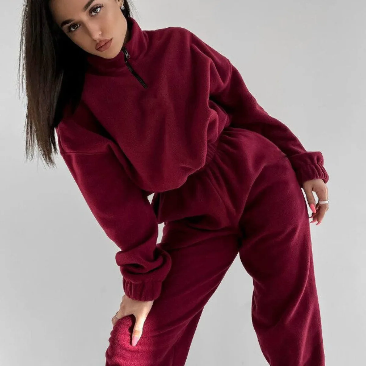 

2025 Spring and Autumn New Women's Fashion Solid Color Loose Zipper Stand Collar Sweater Casual 2-piece Set