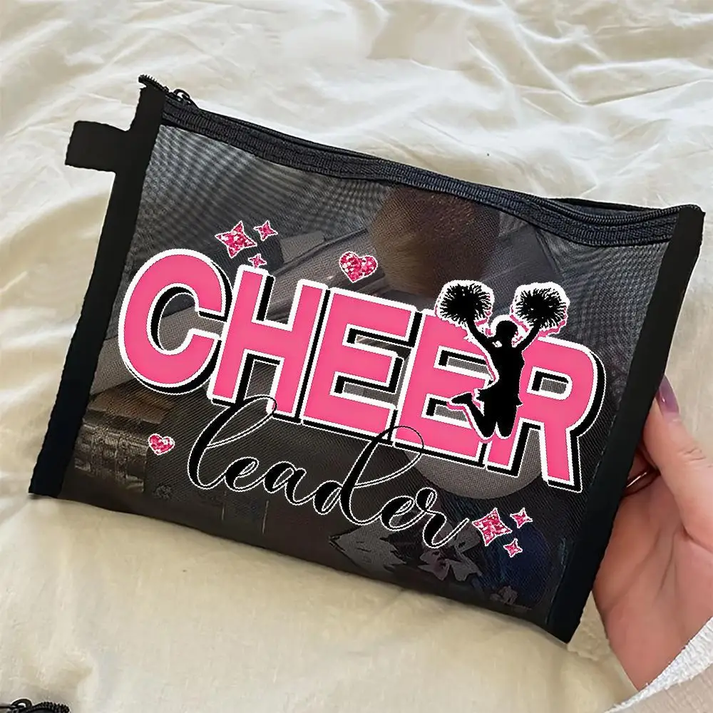 For Cheerleader Silhouette Mesh Zippered Toiletry Bag, Sparkling Girly for Cheer-Themed Cosmetic Pouch with Pink Bold Lettering
