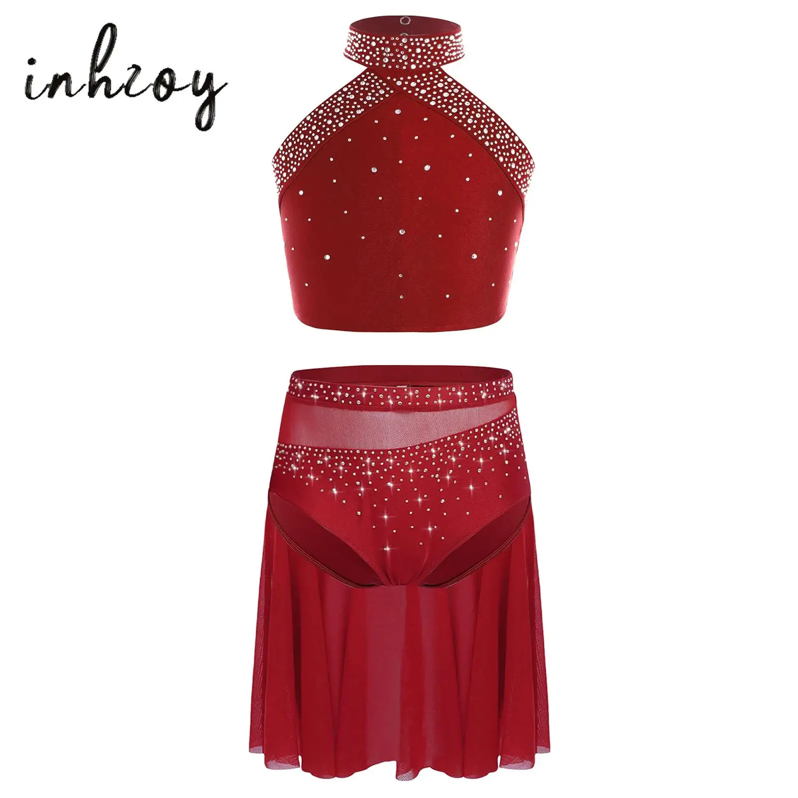 

Kids Girls Modern Lyrical Praise Dance Performance Outfit Halter Sleeveless Backless Sparkly Rhinestones Crop Top+Briefs Skirt