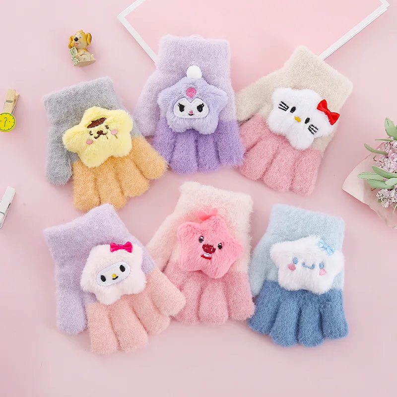 

New Sanrio Kuromi Gloves Fall and Winter Warm Melody Anime Characters Outdoor Five Fingers Cute Doll children's Gloves Gifts