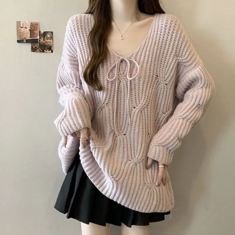 

Sweet Age-Reducing V-Neck Pink Purple Knitted Sweater Women's Spring Mid-Length Top