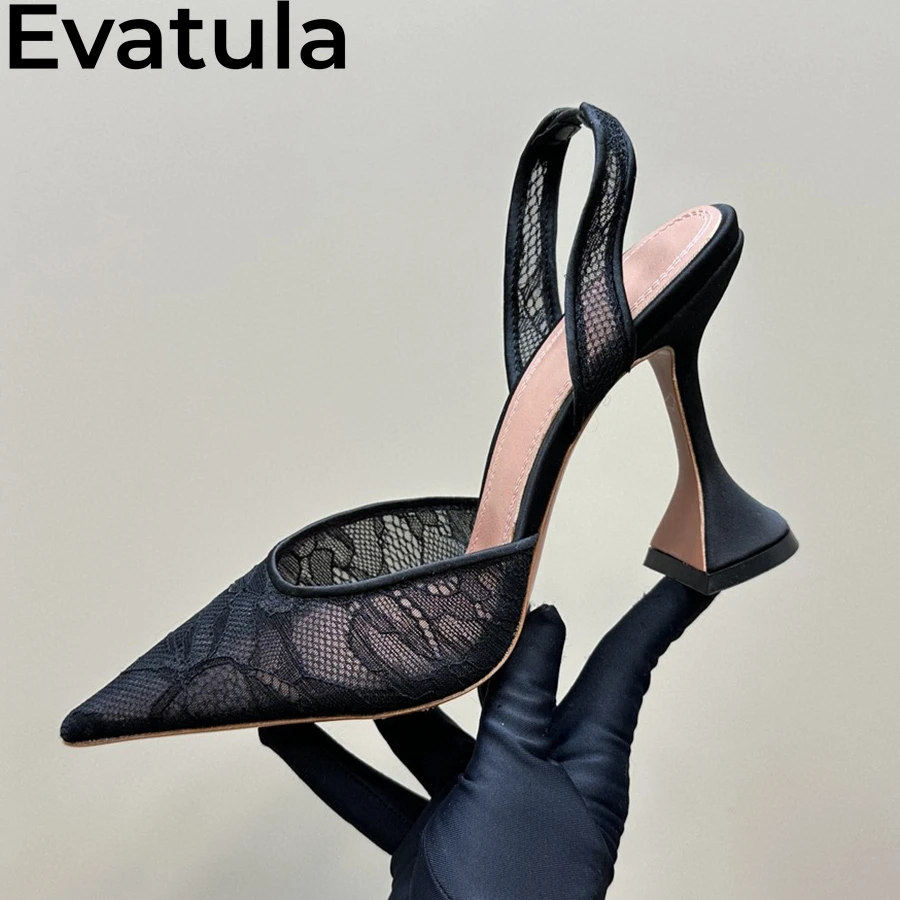 2025 Summer Black Lace Goblet High Heel Sandals Women Pointed Toe Crystal Buckle Slingbacks Pumps Sexy Party Wedding Shoes Femme