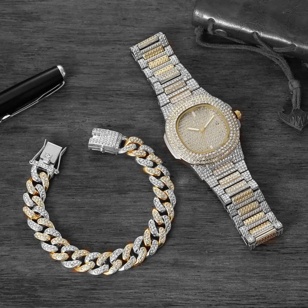 

New Gold Color Watch & Bracelet Combo Set Ice Out Miami Cuban Link Chain Luxury Hip Hop Jewelry Sets For Men Women 20cm