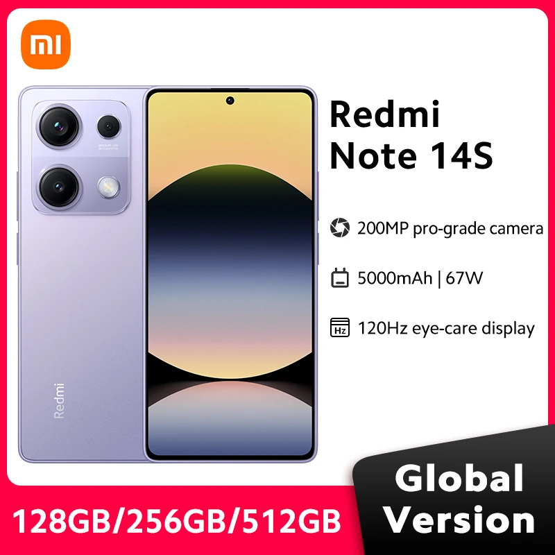 الإصدار العالمي للهاتف الذكي Xiaomi Redmi Note 14S كاميرا 200 ميجابكسل 120 هرتز 6.67 بوصة شاشة AMOLED MTK Helio G99 CPU 67 وات Hyper Charge 5000