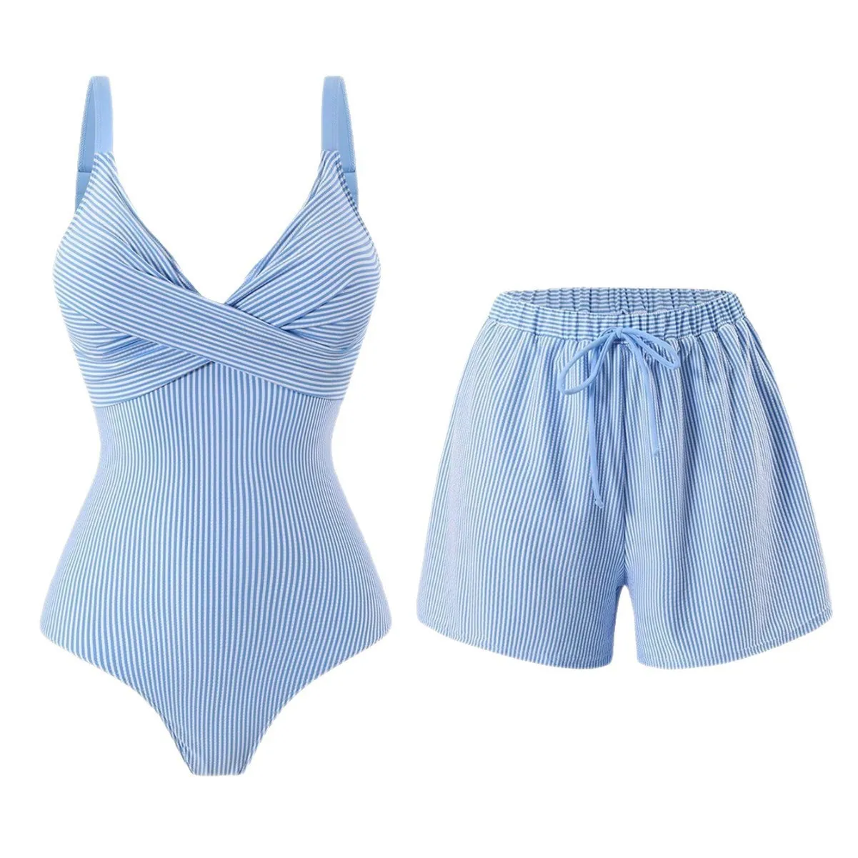 Women Two Piece Striped Swimsuit V Neck Wrap One Piece Bathing Suit with Elastic Waist Drawstring Beach Summer Vacation Swimwear