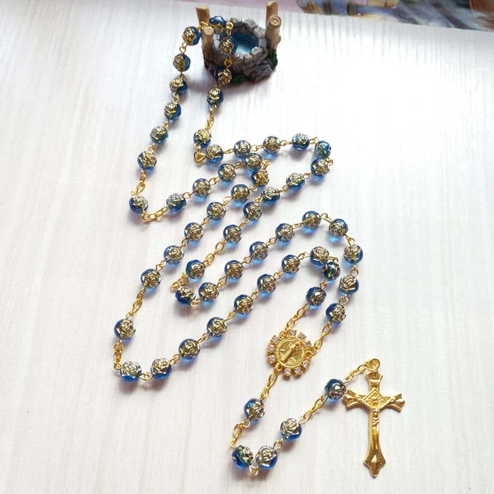 Catholic Rhinestone Blue Rose Prayer Beads Chain Rosary Necklace with Golden St Benedict Medal Cross Pendant Religious Jewery