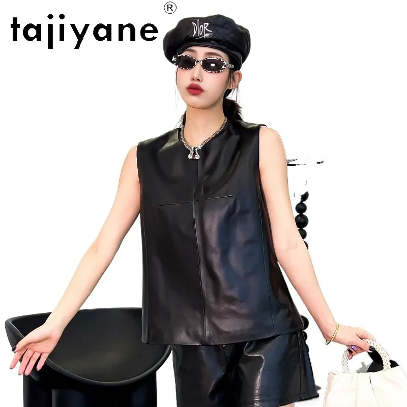 TAJIYANE 100% Sheepskin Leather Vest Slim Fit Gilet Genuine Leather Jacket Woman Sleeveless Round Neck Top Black Veste Femme 자켓