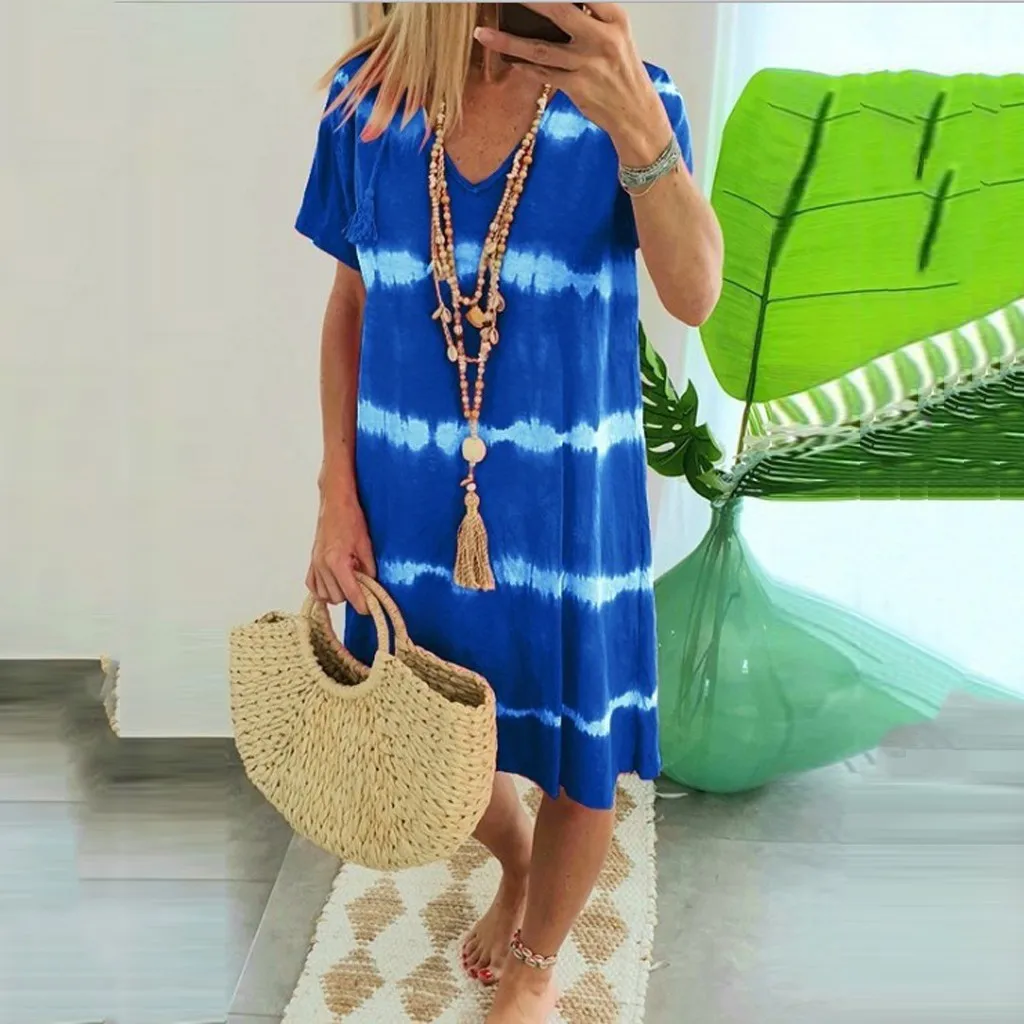 Womens Casual Striped Tie-Dye Mountain Dress Halter Dress Summer Casual Midi Dress Tee Shirt Dress Maxi Dresses for Women Summer