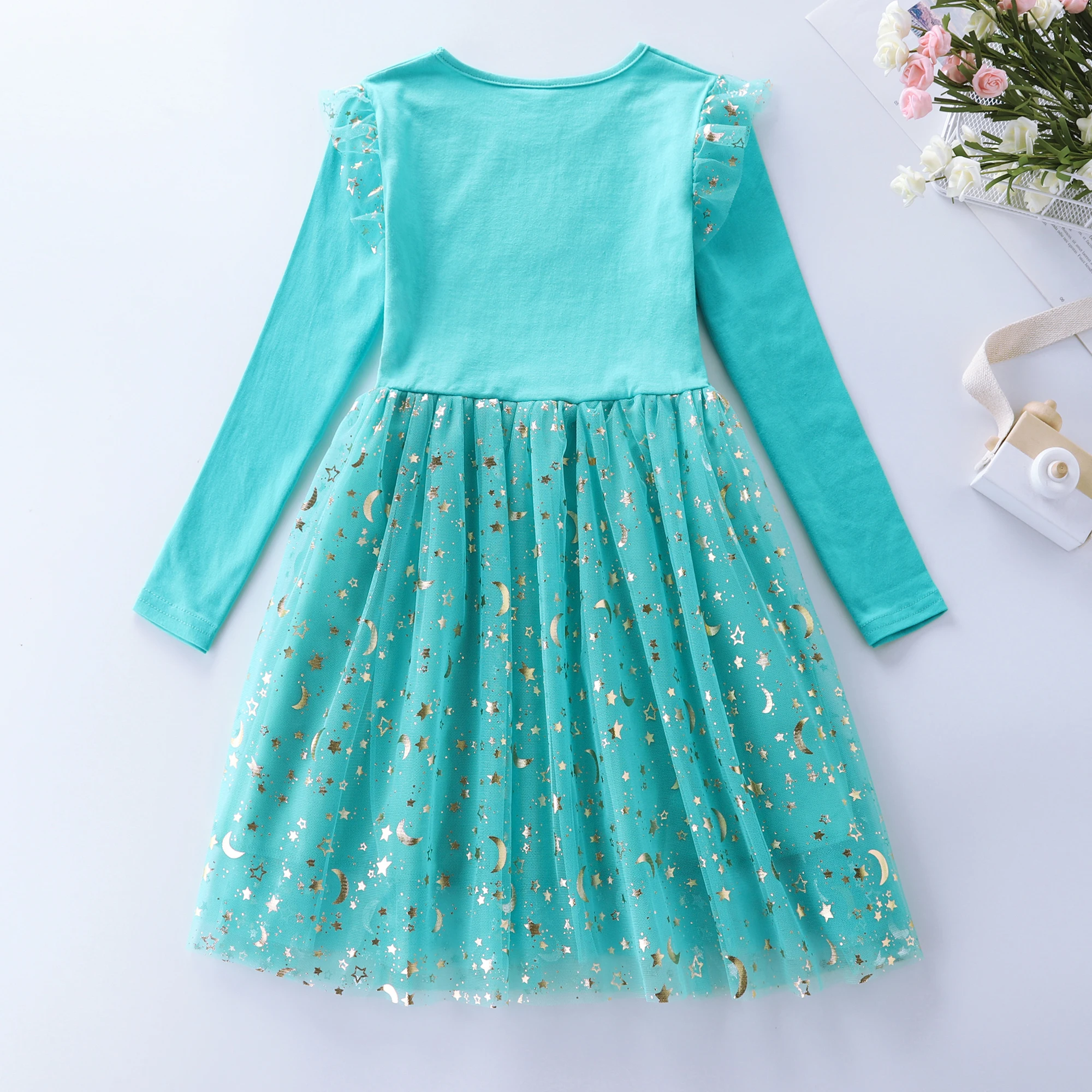 Girls' Autumn New Cotton Embroidered Cartoon Unicorn Mesh Dress