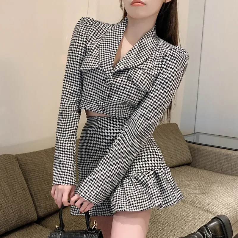 

Fall Houndstooth Vintage 2 Piece Set Women Crop Top Short Jacket Coat + Mermaid Skirts Sets Fashion High Street Two Piece Suits