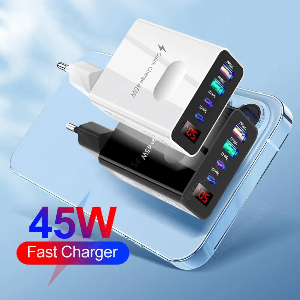 4 Ports Quick Charger Head 2 Type-C 45W Multi Plug Wall Charger 2 USB Phone Charging Adapter Digital Display for iPhone Huawei