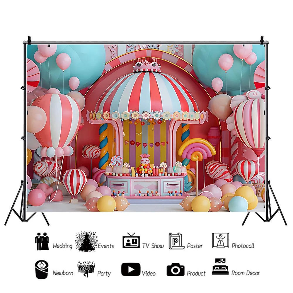 Circus Carousel Photography Background Colourful Balloon Baby Newborn Girl Birthday Party Decor Cake Table Supplies Photo Studio