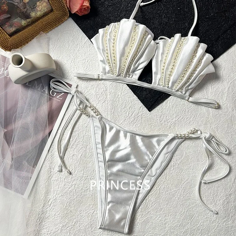 Conjunto de Bikini blanco de concha de perla Premium, Top de princesa de pez humano, traje de baño de pecho pequeño, ropa interior de viaje para Fiesta EN LA Piscina, vacaciones en la playa