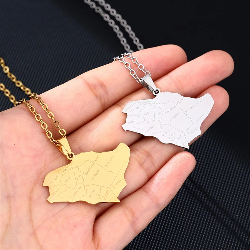 Saudi Arabia Map With Cities Name Pendant Neckalces Stainless Steel Gold Silver Color Arab Emblem Ethnic Jewelry Patriotic Gift