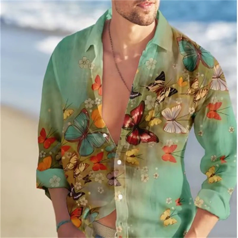 Men Long Sleeve Turn‑down Collar Button‑Up Shirt Colorful Butterfly Floral Print Casual Beach Vacation Outfit For Male