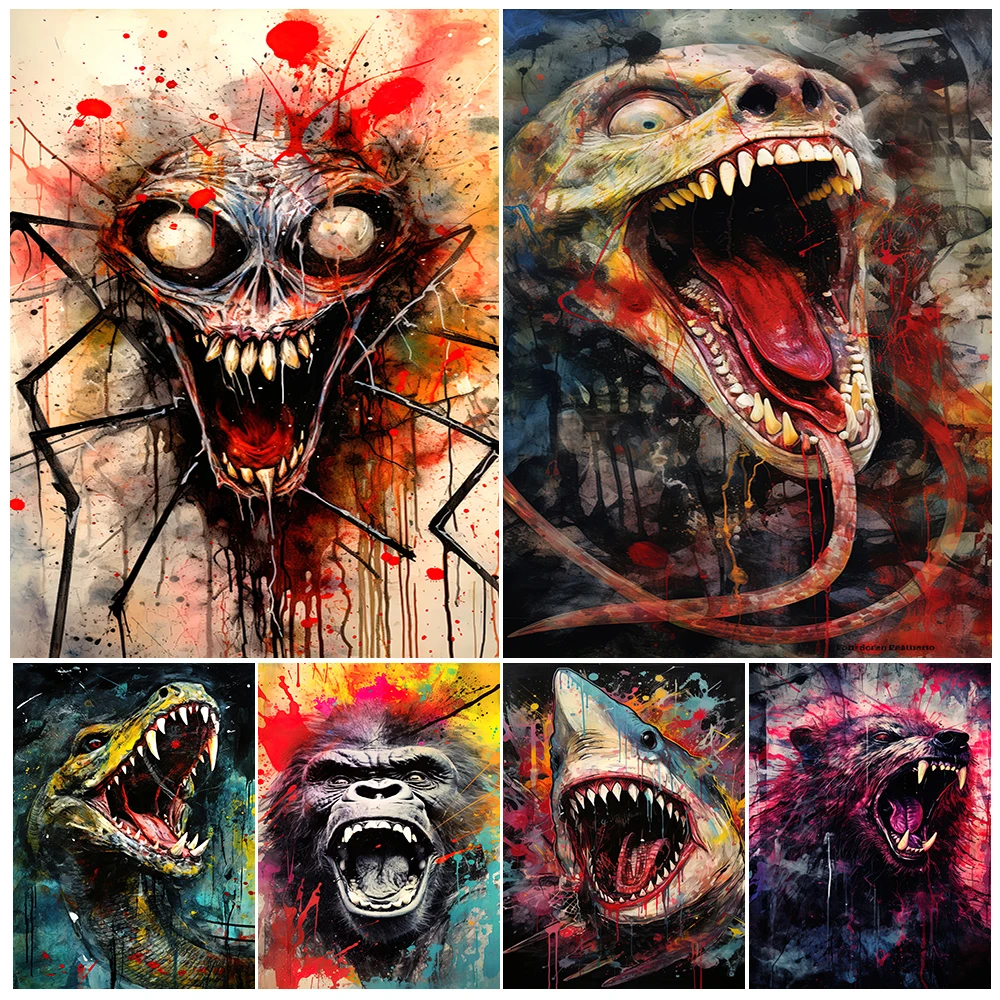 

A Creepy, Roaring Creature,Abstract Wall Art Canvas Painting,Horror Animal Watecolor Gothic Art Poster And Print Home Decoration