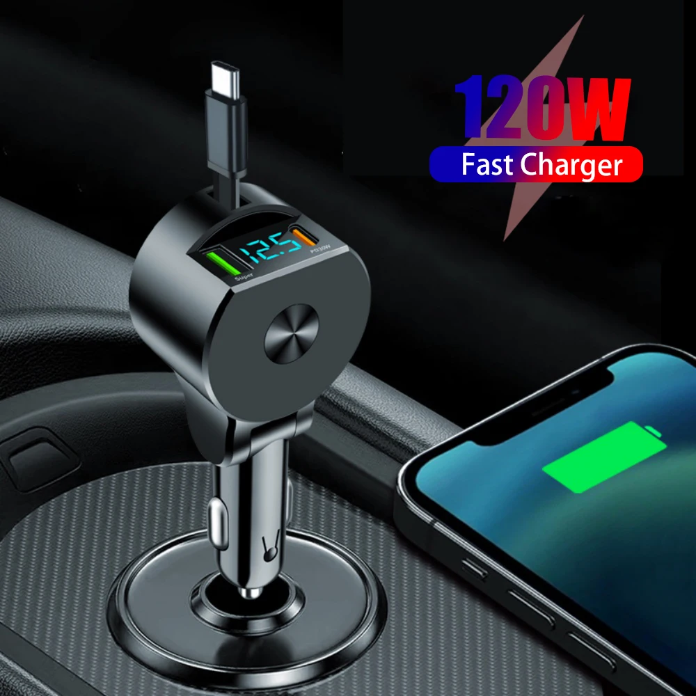 120W Retractable Car Charger 3 in 1 Type C Cable Car Fast Charger For iPhone 15 Samsung Quick Charging Cigarette Lighter Adapter