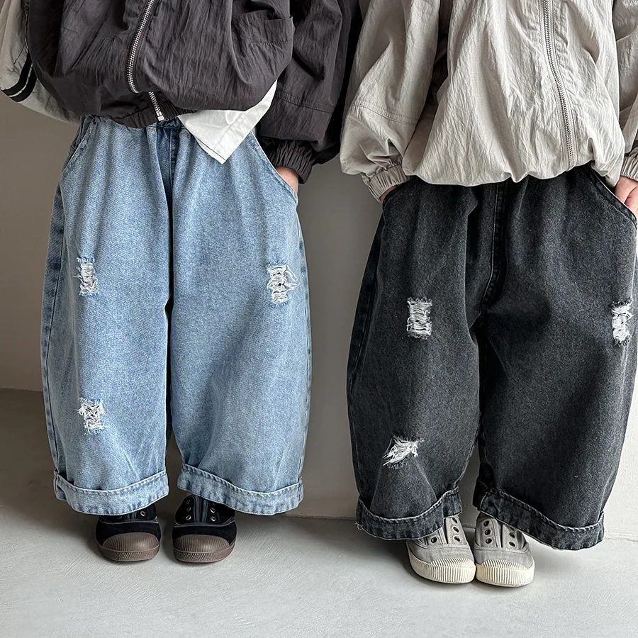 

Children Clothes Kids Casual Denim Pants 2025 Spring New Ripped Jeans Boys and Girls Loose Full Length Wide-leg Trousers
