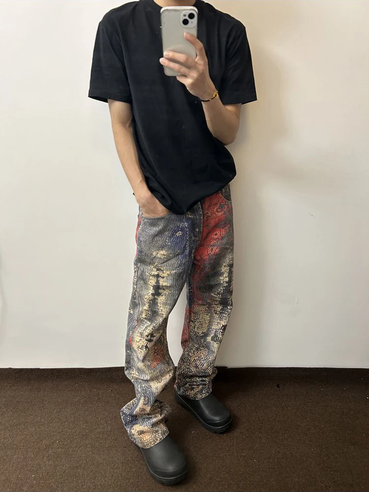 High Street Vintage Wshed Cashew ดอกไม้พิมพ์ Denim Cargo กางเกงยีนส์ Baggy Vintage Y2k กางเกงยีนส์ pantalones hombre y2k เสื้อผ้า