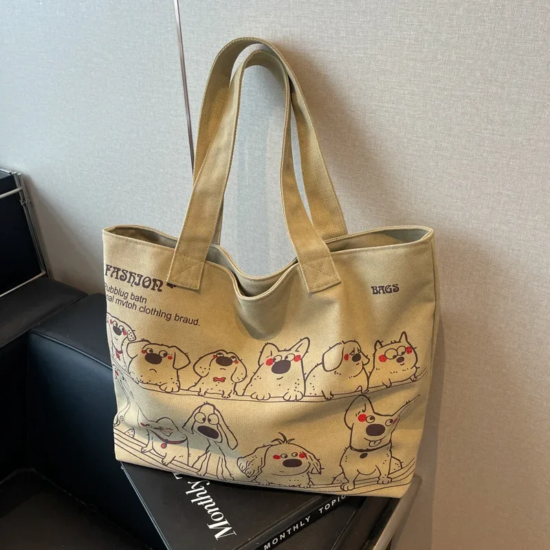 Cartoon Cute Puppy Canvas Shoulder Bag Female Niche Large Capacity Commuter Tote Bag Student Class Bag