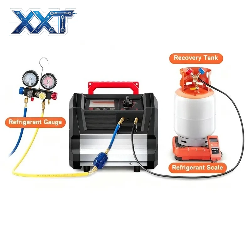 XXT Complete A/C Twin Cylinder R134a/R1234yf DC Refrigerant Recycling Machine Brushless DC Motor Oil-less Compressor 80%