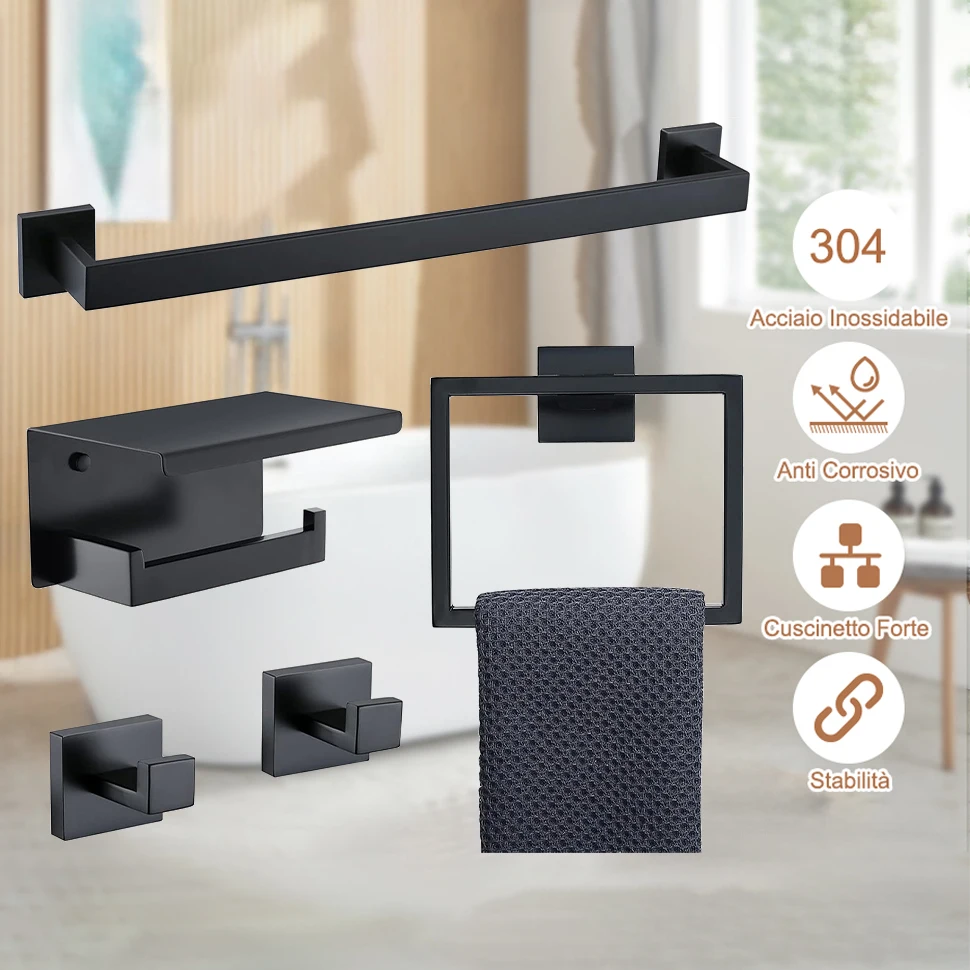 

Matte Black Bathroom Hardware Accessories Set Stainless Steel Bath Towel Bar Set Wall-Mounted Toilet Paper Holder Robe Hook