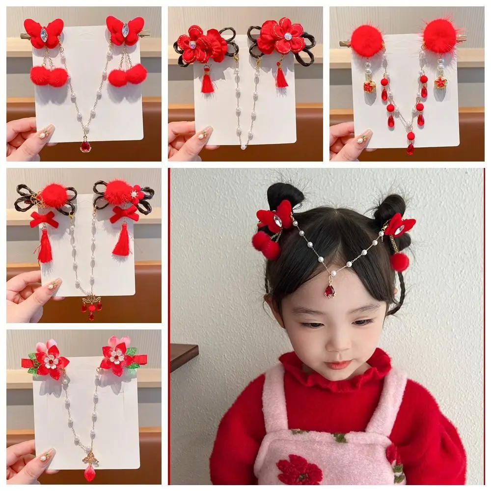 

Forehead Chain Children Red Hairpin Sweet Bow Tassel Hanfu Hair Sticks Baby Headwear Cloth Ancient Style Hairpin Girls