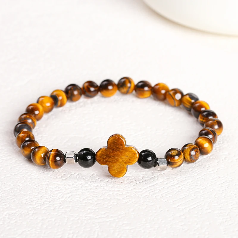 Change Better Natural Yellow Tiger Eye Stone Four-Leaf Clover Lucky Bracelet Women 6mm Bead Charm Energy Stretch Yoga Bangles