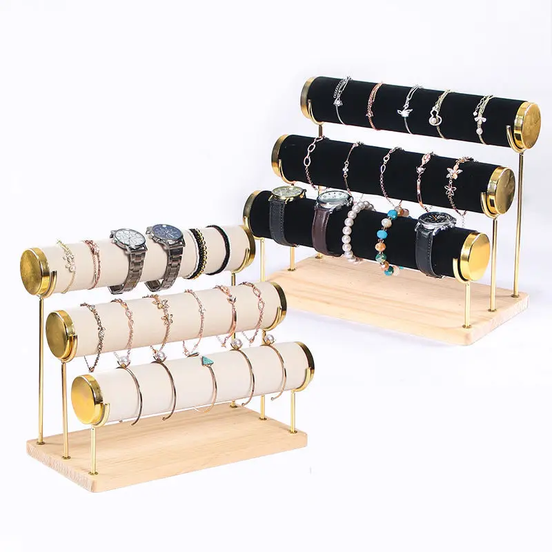 ثلاث طبقات سوار عرض المجوهرات حامل الحديد المطاوع خطوة خشبية أسفل سوار ساعة عرض موقف مجوهرات الدعائم