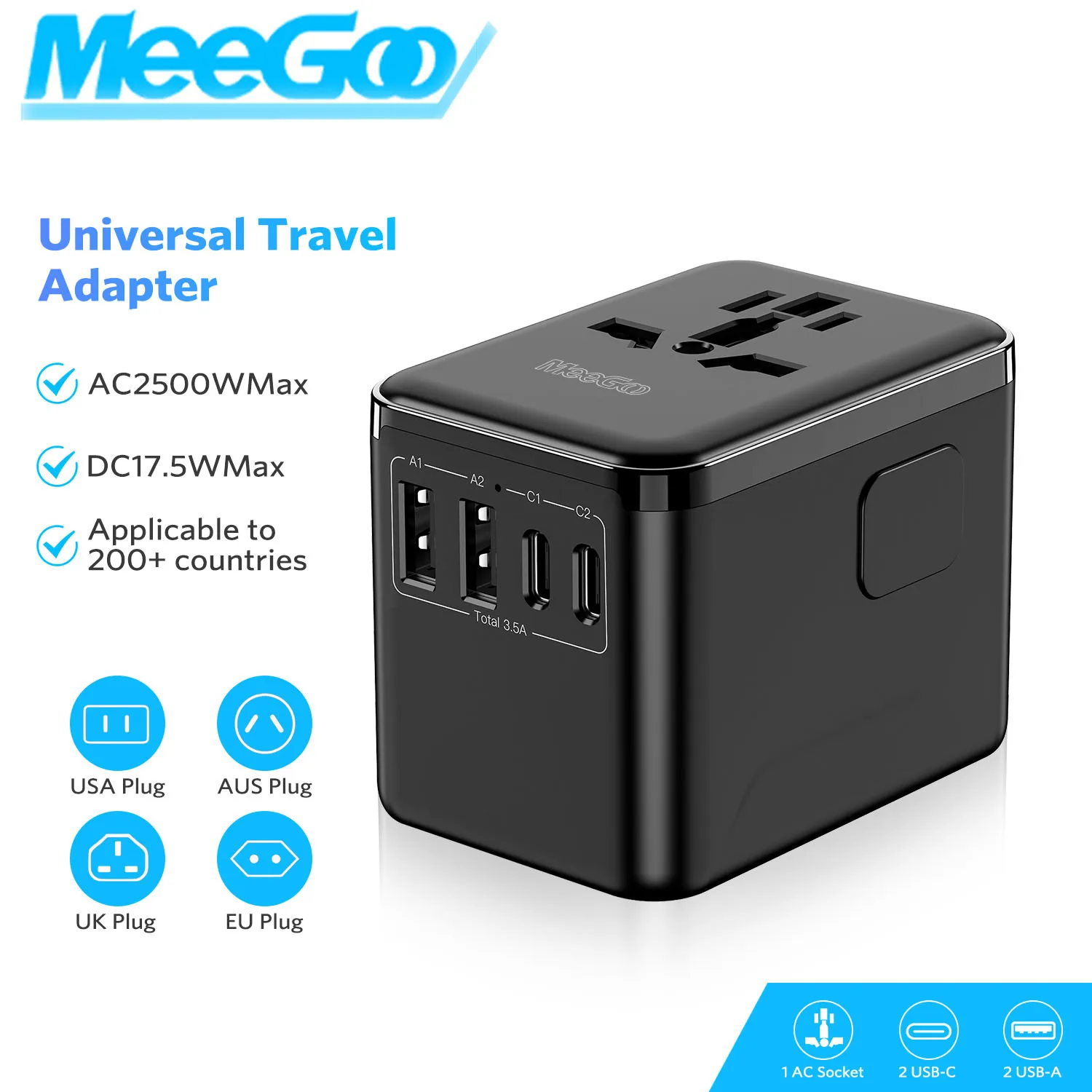 

MeeGoo Multi Port Wall Charger USB Universal International Travel Adapter Fast Charging with USB+Type C Plug Portable Charger