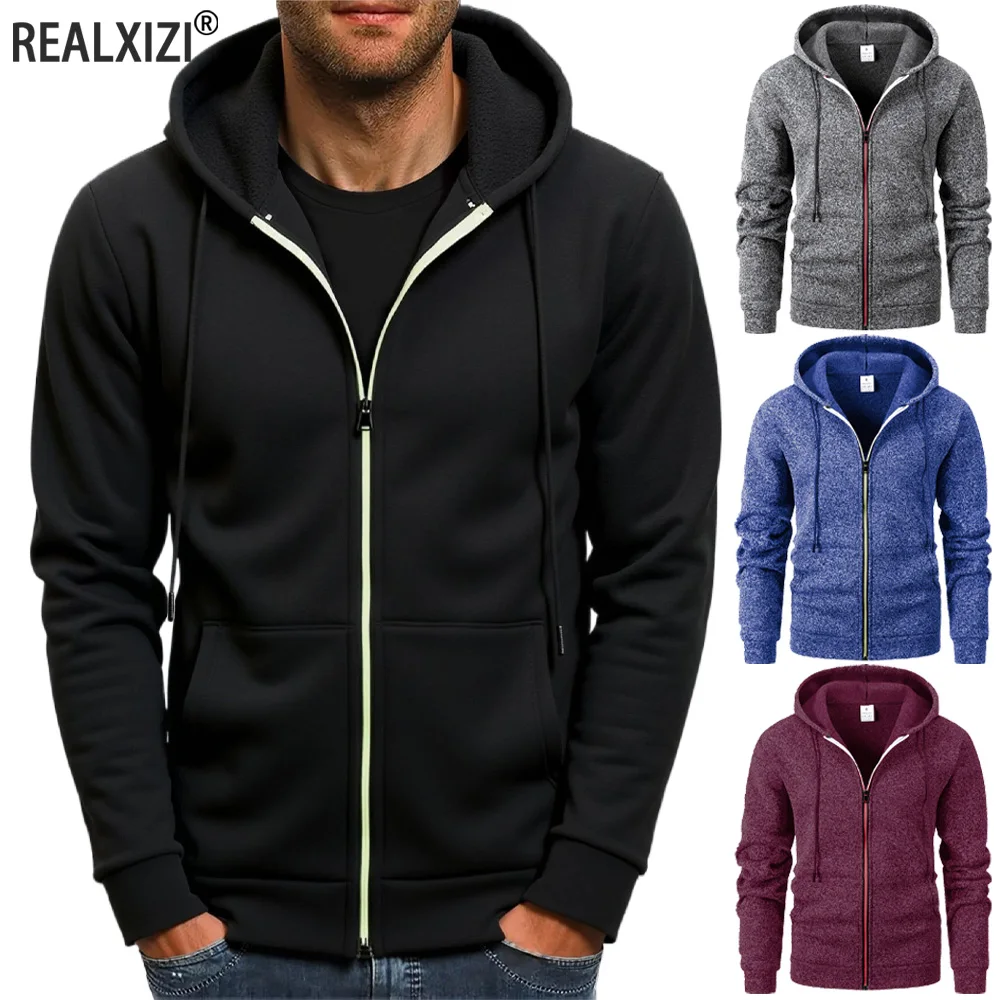 

Autumn Men's Sweatshirt Solid Color Casual Long Sleeve Jacket Hoodie Zipper Closure Jacket with Pockets Slim Fit Male Clothing