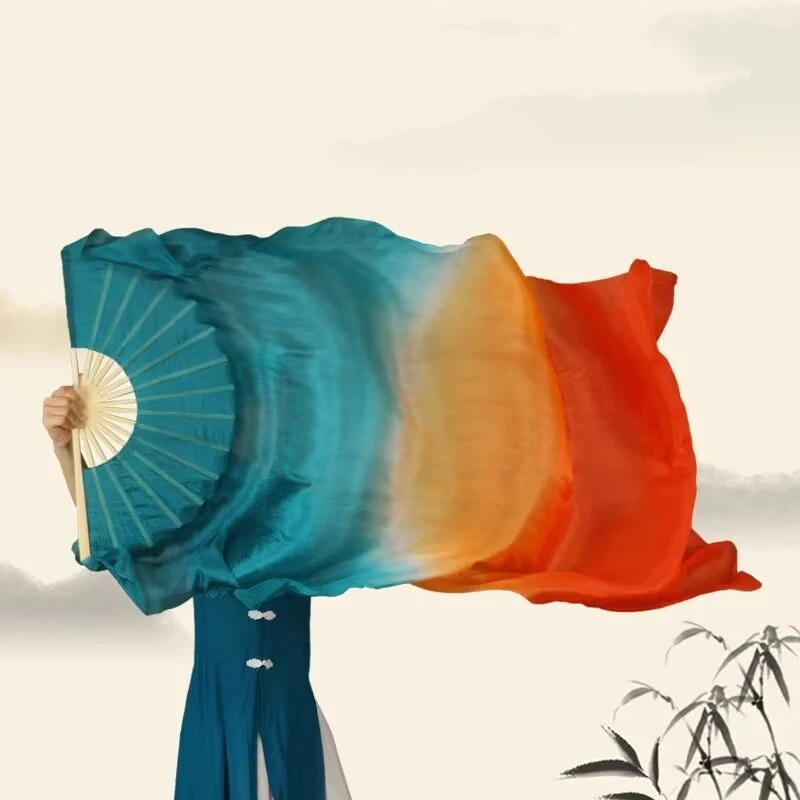 Silk Dance Fan Double Sided Dual Color Long Floating Classical Dance Fan Jiaozhou Yangge Dance Performance Prop Green Orange Fan