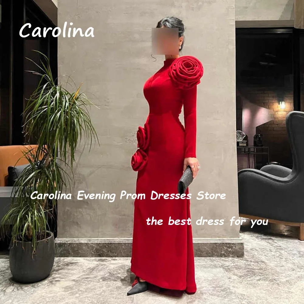 Carolina Red High Neck Long Sleeve Mermaid 2024 Slim 3D Flowerst Ocassion Gown Floor-Length Formal Evening Dress Party Dress