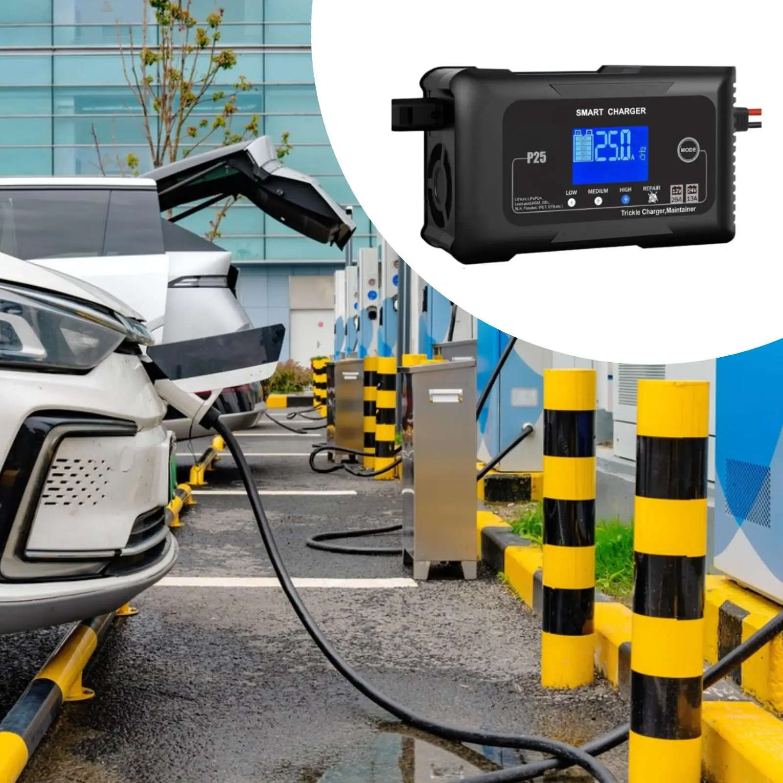 Durable Compact Car Battery Charger with LED Display and Desulfation Function for Auto Truck Motorcycle Safe Use