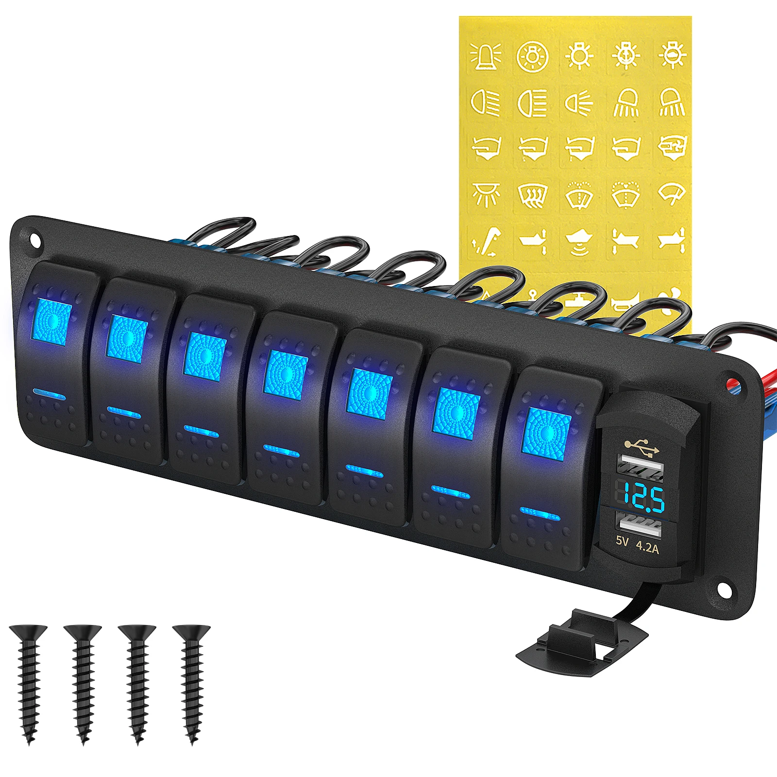 

DaierTek 7 Gang Marine Boat Toggle Switch Panel 12V 24V Rocker Switch Panel with USB Charger Voltmeter for Auto UTV Truck