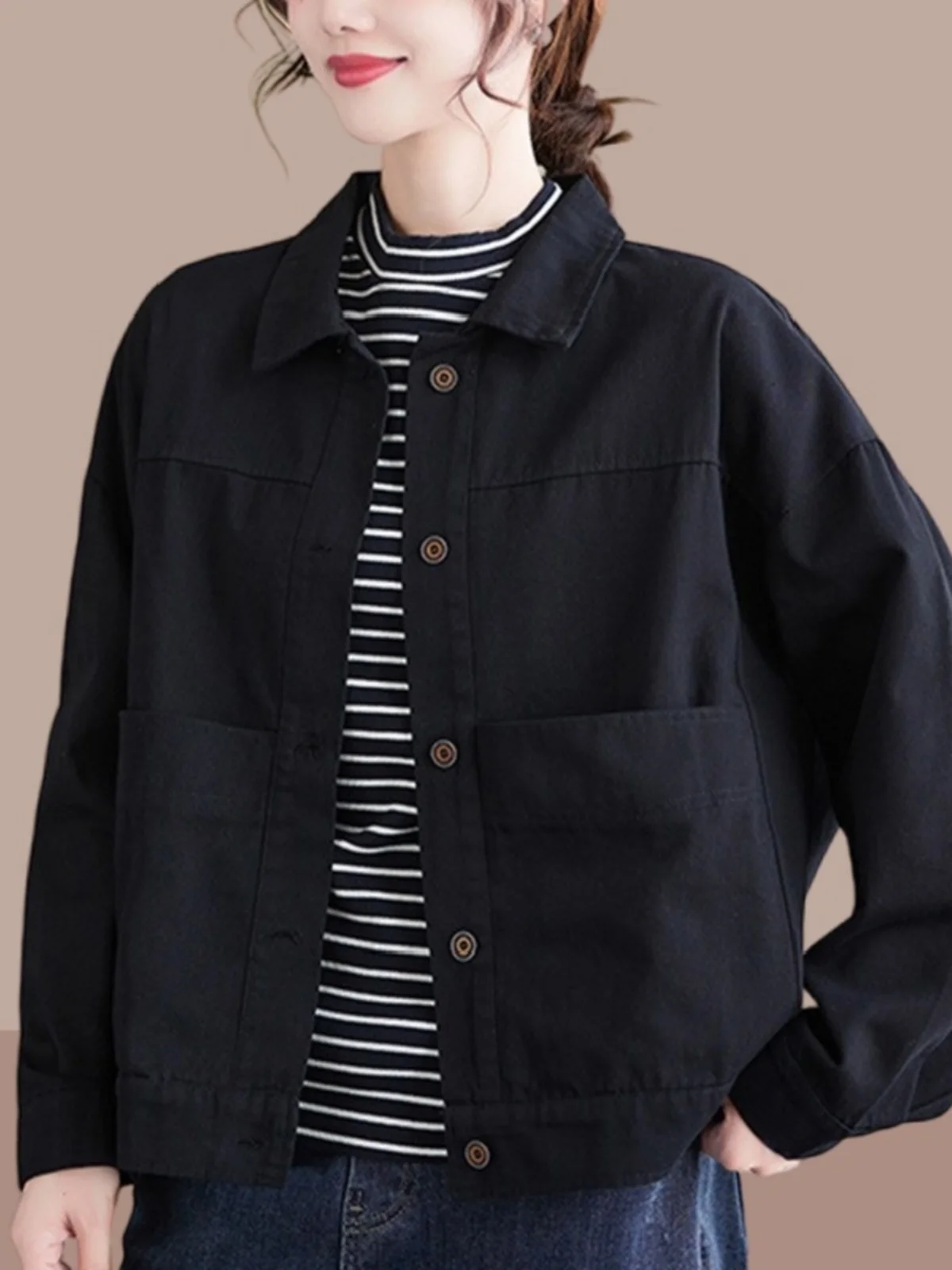 Trendy Pure Cotton Short Jacket Women's Loose Casual Top Spring Autumn New Style Commute Style Long Sleeve  Collar Button