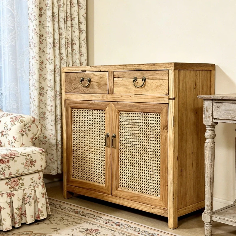 

Wabi Sandy Wind Solid Wood Rattan Elm Storage Cabinet Living Room Bedroom Locker Retro and Old Two Drawer Cabinet Homestay