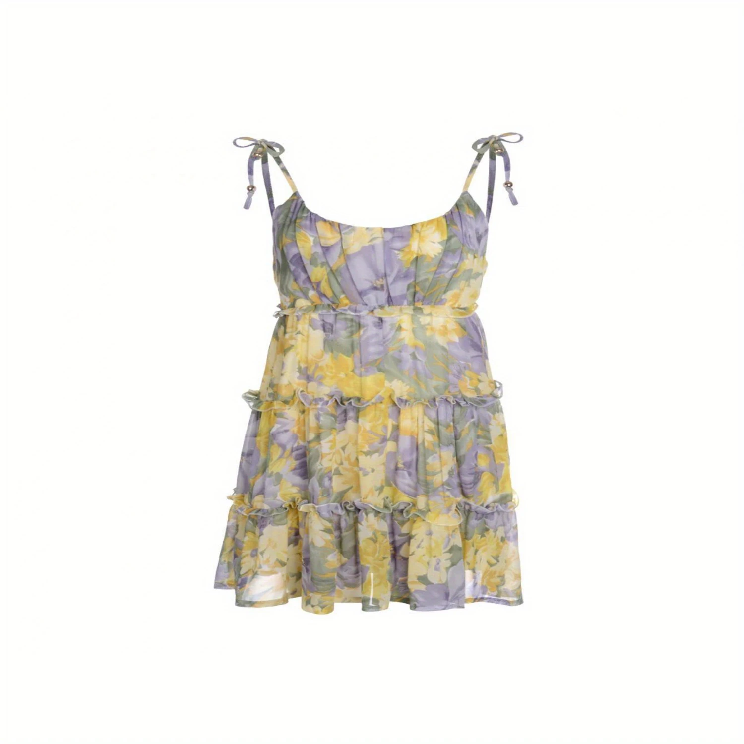 Floral Print Tied Strap Cami Dress with Ruffle Hem - Women's Summer Flowy Dress