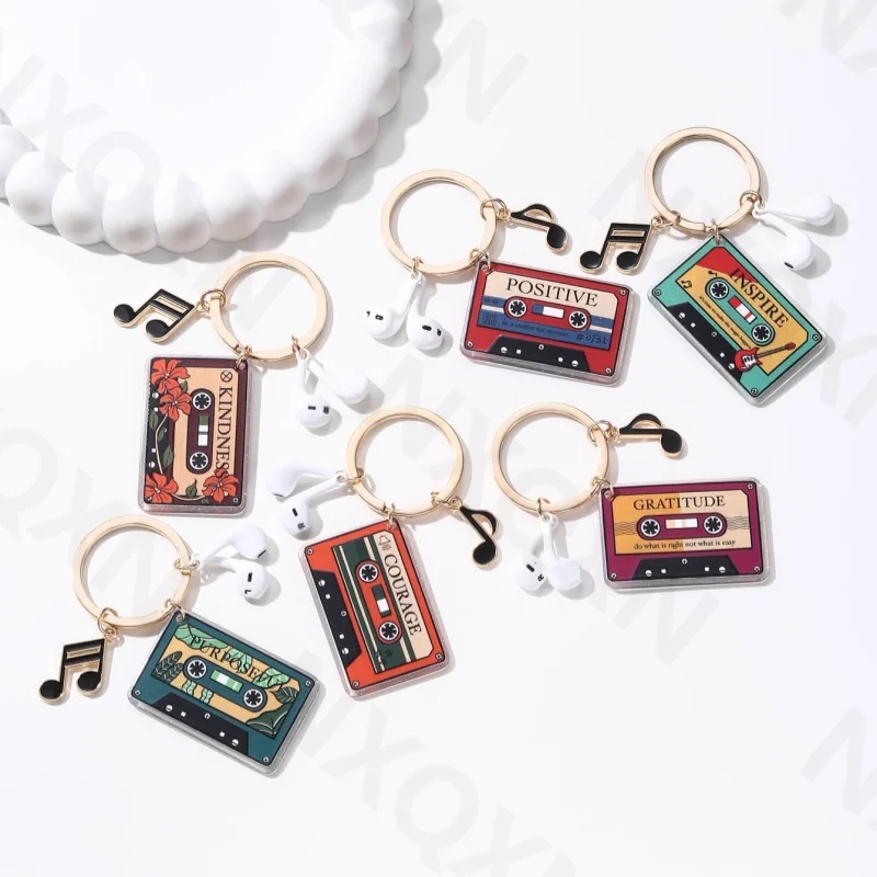 Kreative Phonographen Acryl Kopfhörer Notizen Emaille Schlüsselbund Cartoon Musik Thema Schlüssel Ring Für Frauen Männer Gutes Geschenk DIY Schmuck