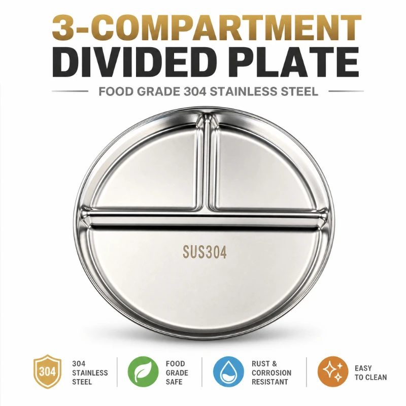 23CM Creative Round Stainless Steel 3 Grid Durable Dinner Plate Serving Tray For Kids Student Quantitative Proportion Meal Plate