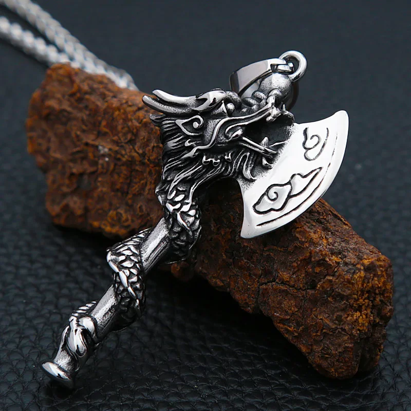 

Vintage Stainless Steel Dragon Axe Pendant Necklace Men Fashion Nordic Viking Dragon Head Necklace Biker Punk Jewelry Gift