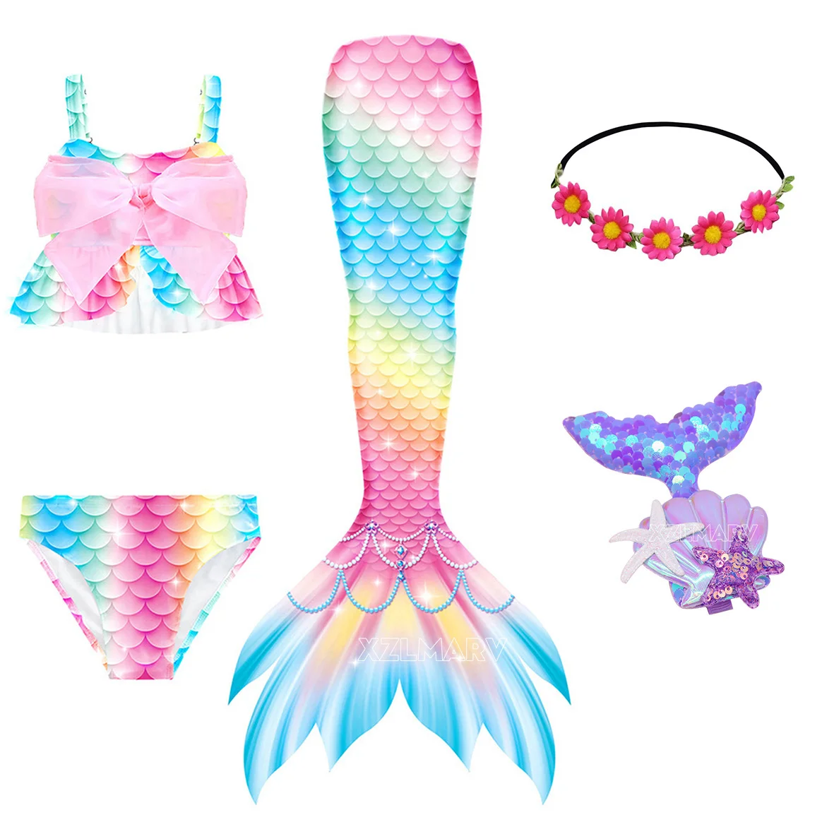 5Pcs Girls Boys Mermaid Tail Without Monofin Costume Cosplay the Little Mermaid Swimsuit Halloween Costume Beach Cloth Swimwear