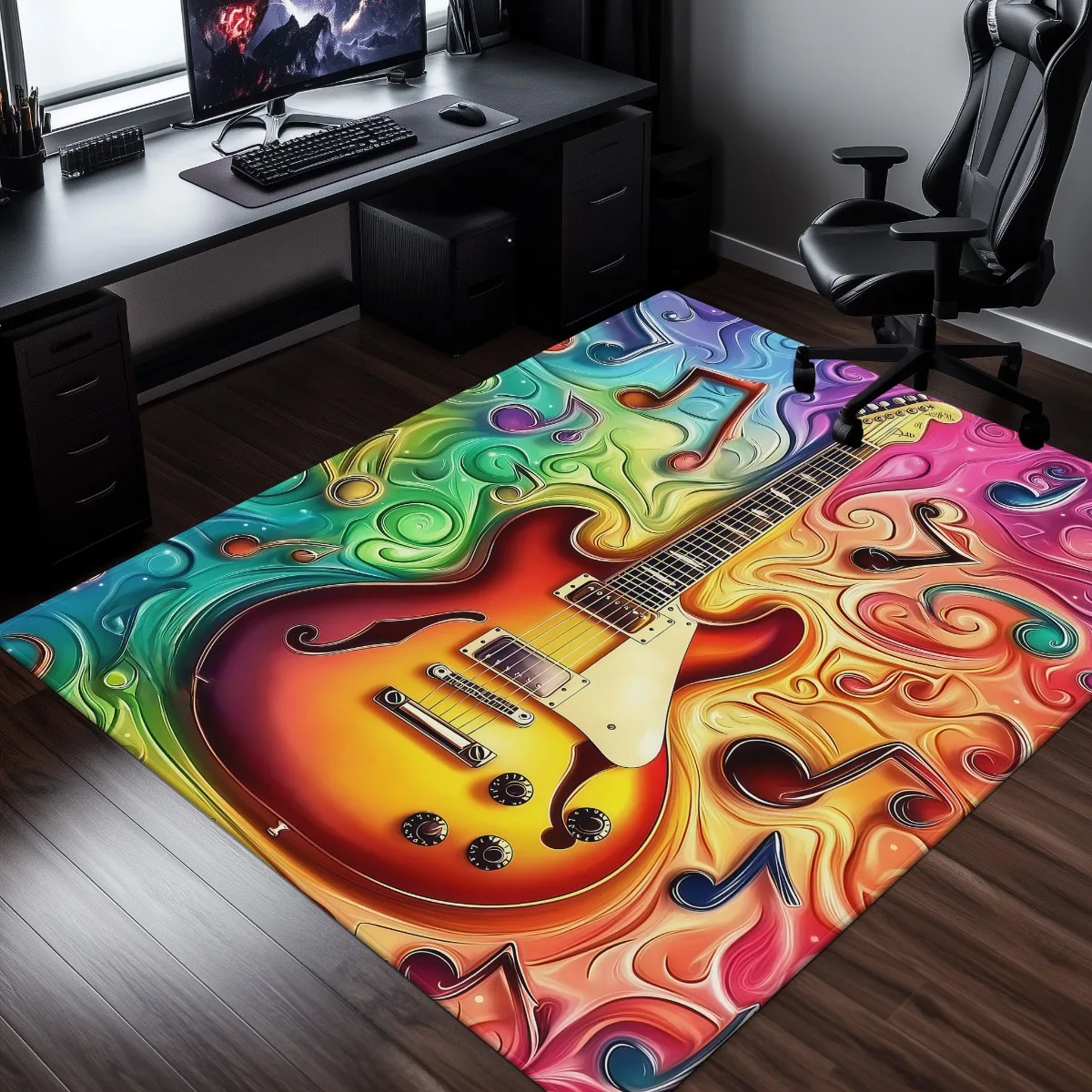 Electric guitar music notes colorful swirl rug rock n roll theme living room bedroom floor mat musical instrument decor