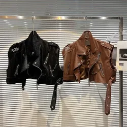 Girls Autumn New Leather Vest 2024 Back Letter Embroidered PU Lacquer Leather Coat Motorcycle Vest Fashion Trend