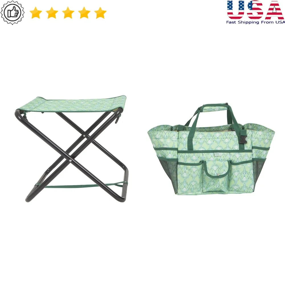 

Folding Garden Stool with Detachable Tote Durable Steel Frame Portable Tool Storage Pockets Lightweight Outdoor Seating Compact