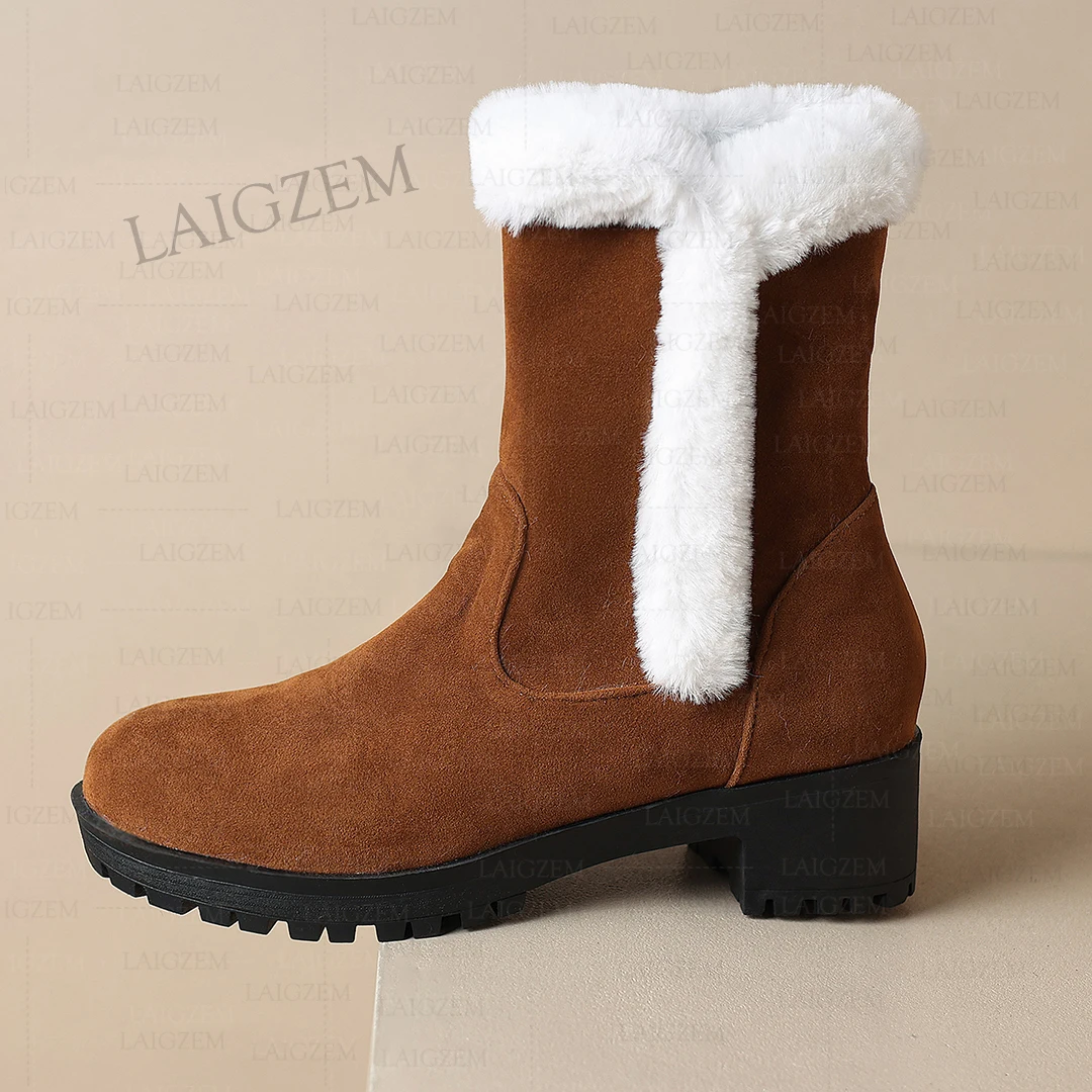 LAIGZEM Women Ankle Boots Faux Suede Round Toe 4CM Thick High Heels Winter Short Boots Handmade Shoes Woman Large Size 34 41 43