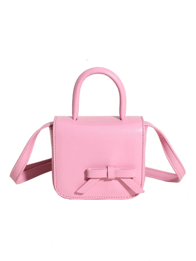 Fashion Cute Pink Bow Small Square Bags For Women 2024 New Texture Patchwork Student Mini Handbag Pu Leather Girls Crossbody Bag