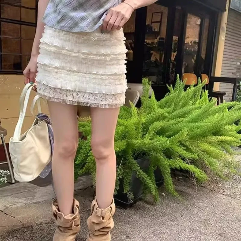 Summer Beige High Waist Lace Splice Cake Mini Skirts Women Korean Fashion Casual Harajuk Straight Bodycon Short Skirt Jupe Femme