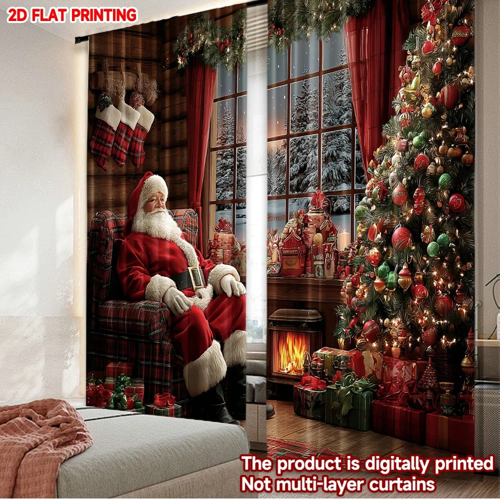 2pcs Santa Claus Christmas Curtains , Cozy Living Room Scene with Tree Gifts Fireplace Snow for Festive Holiday Decor